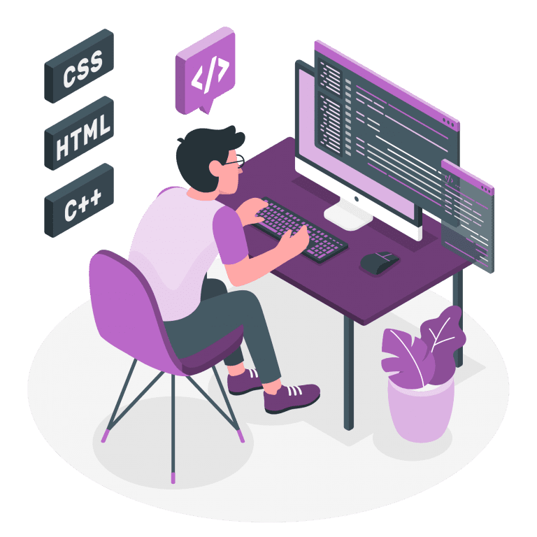 איש יושב מול מחשב ומפתח תוכנה בריכוז רב על ידי שפות תכנות שונות